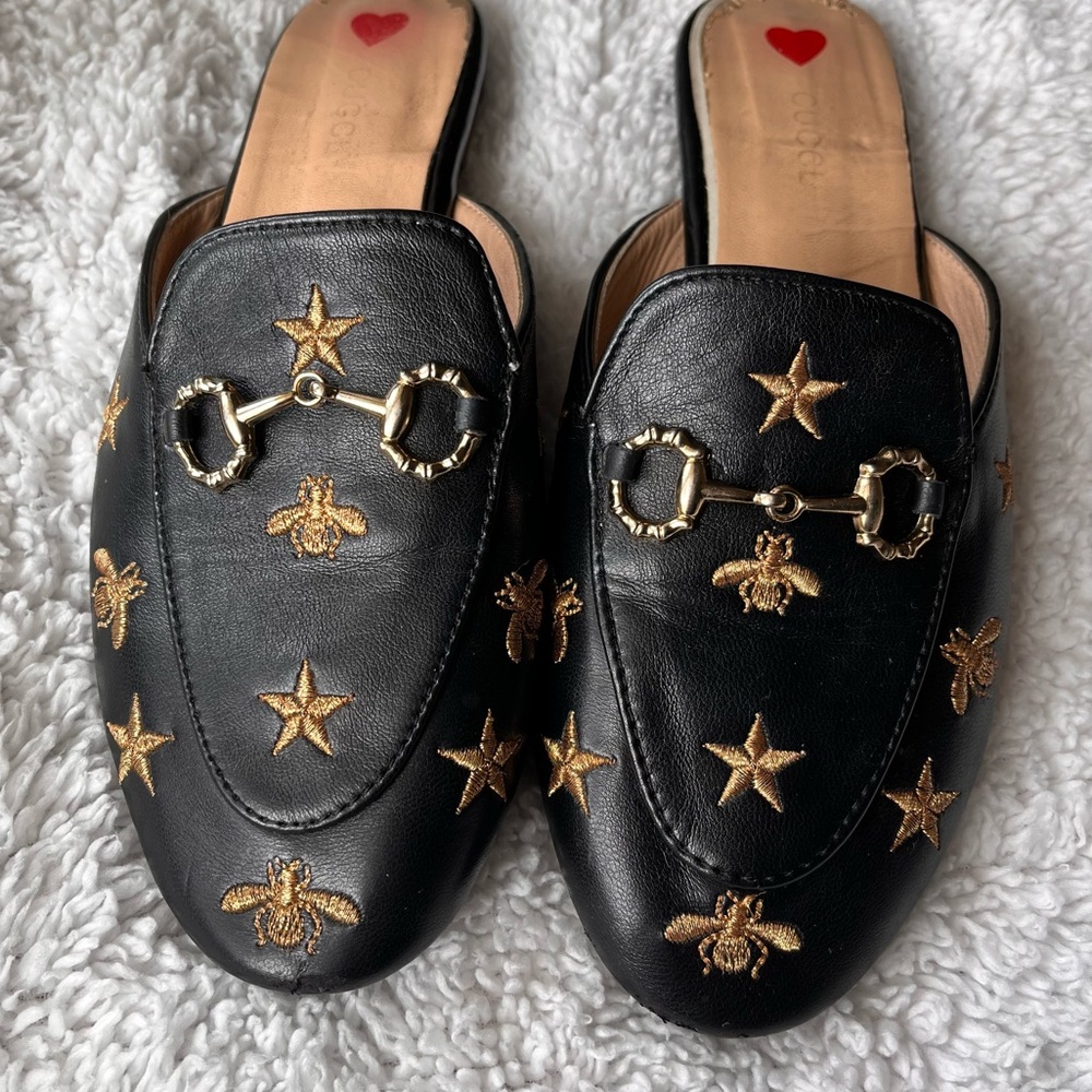 Princetown Designer Style Mules Black Gold Embroidered Bees & Stars —PLEASE READ